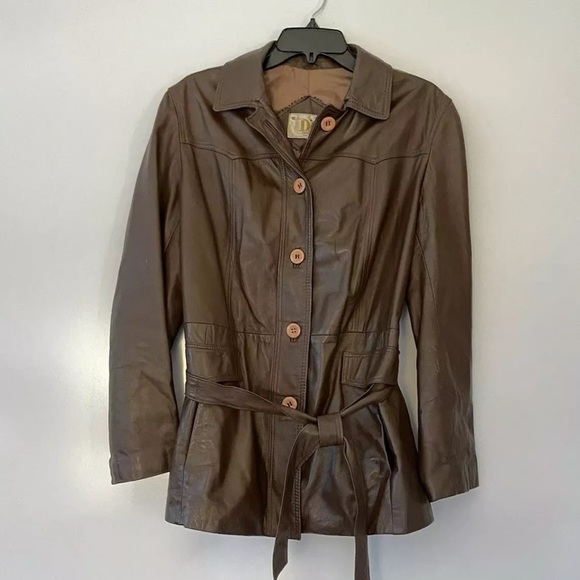 Vintage D’OR Leather Jacket Button Front Belted Trench Style Size 44 (US… - Picture 2 of 6
